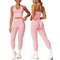 thumbnail image 2 of IDOPIP 2 Piece Workout Sets for Women Seamless Halter V-Neck Tank Top Scrunch Butt Lifting High Waist Leggings Gym Sets Active Wear Sports Outfit L Peach Pink, 2 of 6