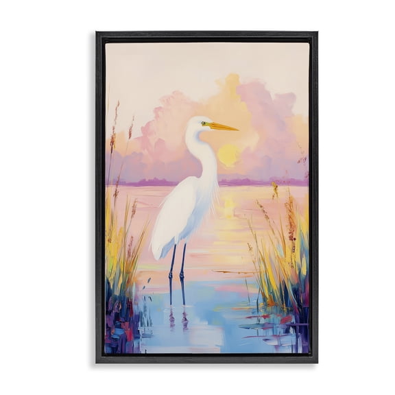 Stupell Industries Egret under Beaming Sunset Animals Painting Black Floater Framed Canvas Art Print Wall Art, 17 x 25