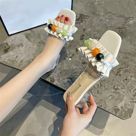 

NEGJ Ladies Shoes Fashion Beaded Slip On Transparent Chunky Heel High Heel Sandals