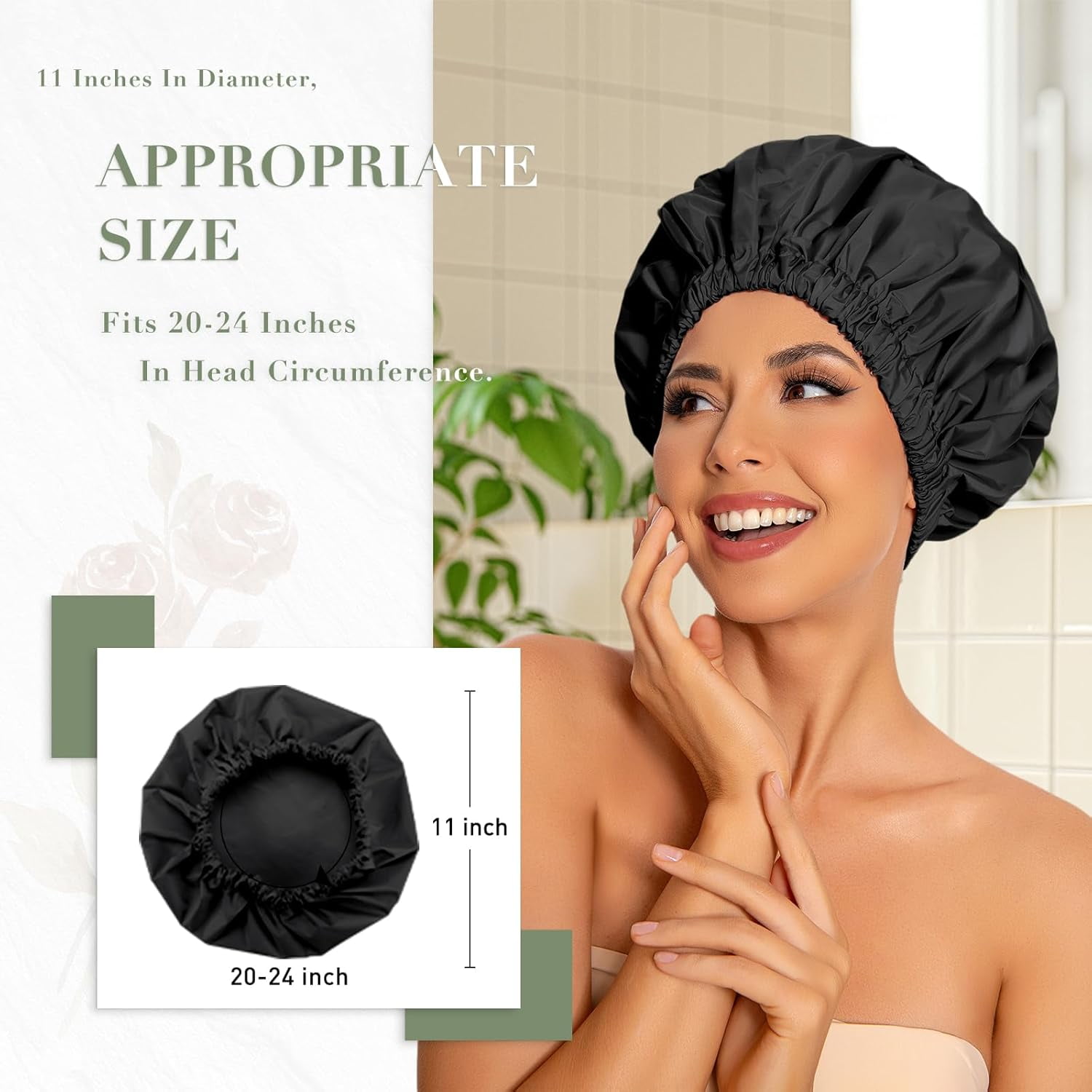 Reusable Shower Cap for Women, Large Waterproof Bonnet Washable Elastic Band Bath Accessories Hair Hat Long Hair, Braids(Black)