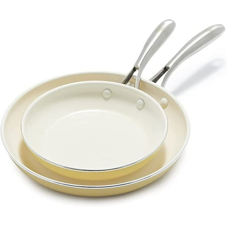 GreenLife Artisan Healthy Ceramic Nonstick  8  and 10  Frying Pan Skillet Set  Stainless Steel Handle  PFAS-Free  Dishwasher Safe  Oven Safe  Yellow