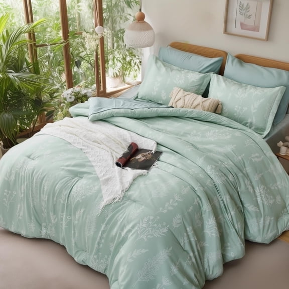 7 Piece Queen Comforter Set Sage Green Floral Bedding Soft Fluffy All Season Bed in a Bag with Sheets Pillowcases and Shams