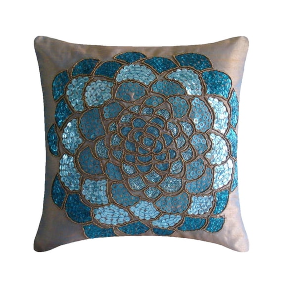 Throw Pillow Covers, Decorative Blue Designer Pillow Case Cover 16x16 inch (40x40 cm), Silk Throw Pillows For Couch, Nature & Floral, Sequins Embellished, Modern Throw - Wild Flower