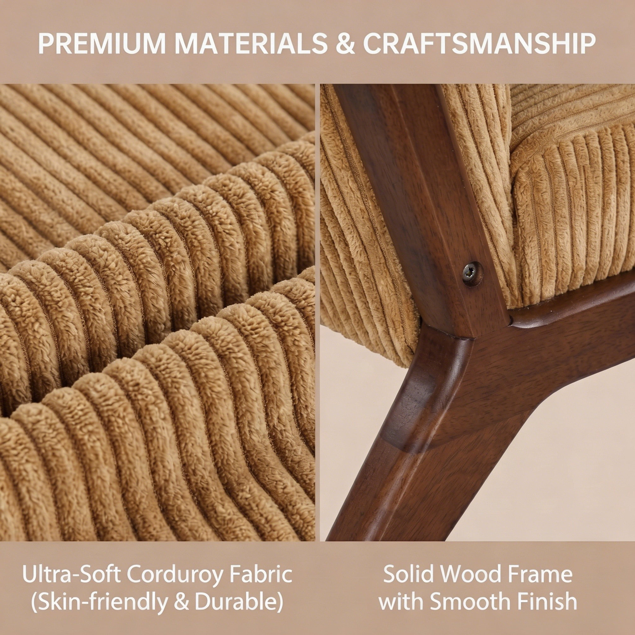 Mid-Century Modern Corduroy Accent Chair with Solid Wood Frame & Lumbar Pillow, Yellow