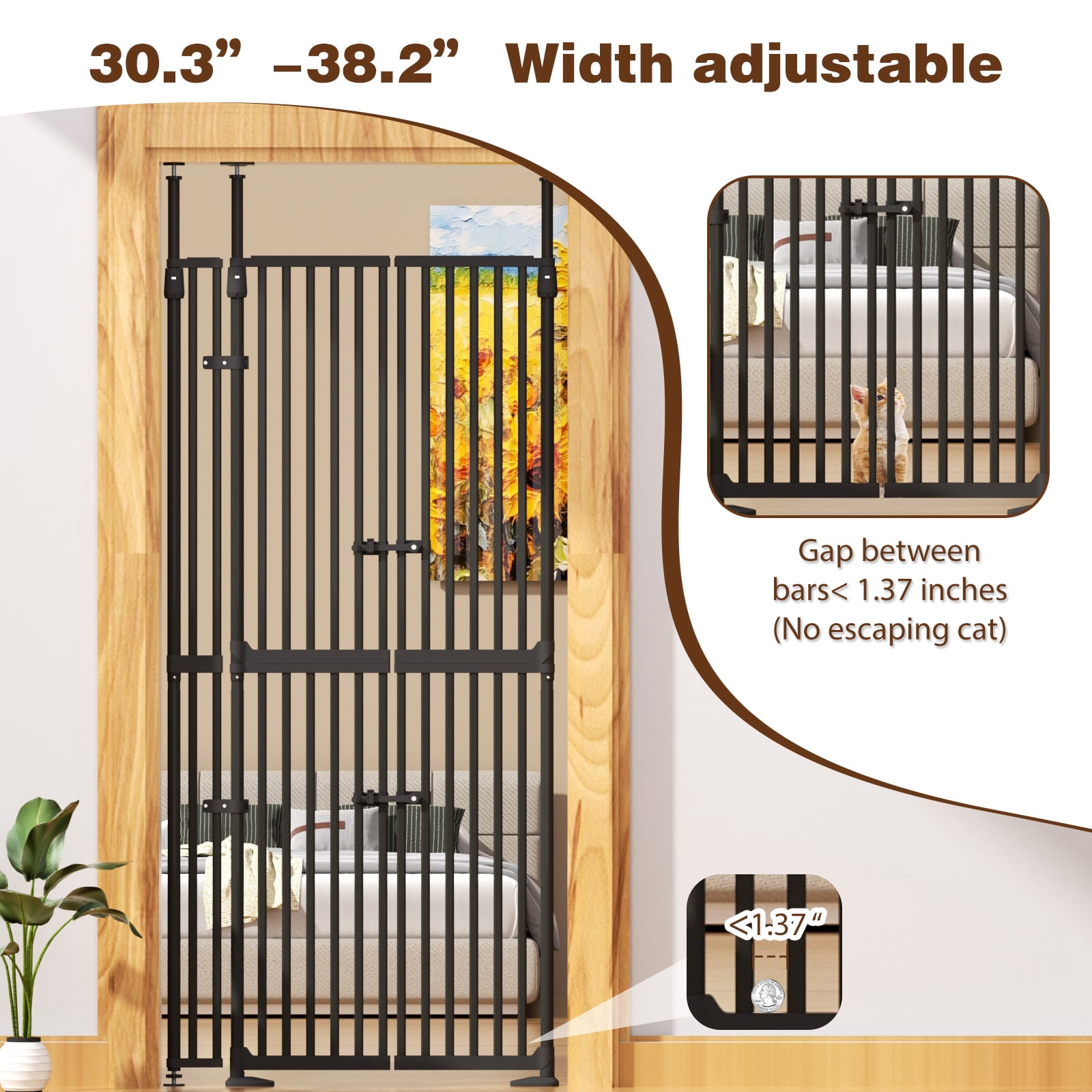 YUFU 74.8" Extra Tall Pet Gate for Cats, adjustable height adjustable width 30.3"-38.2" Pressure Mounted, No Drill, Walk-Through Door for Stairs/Doorways,(black)