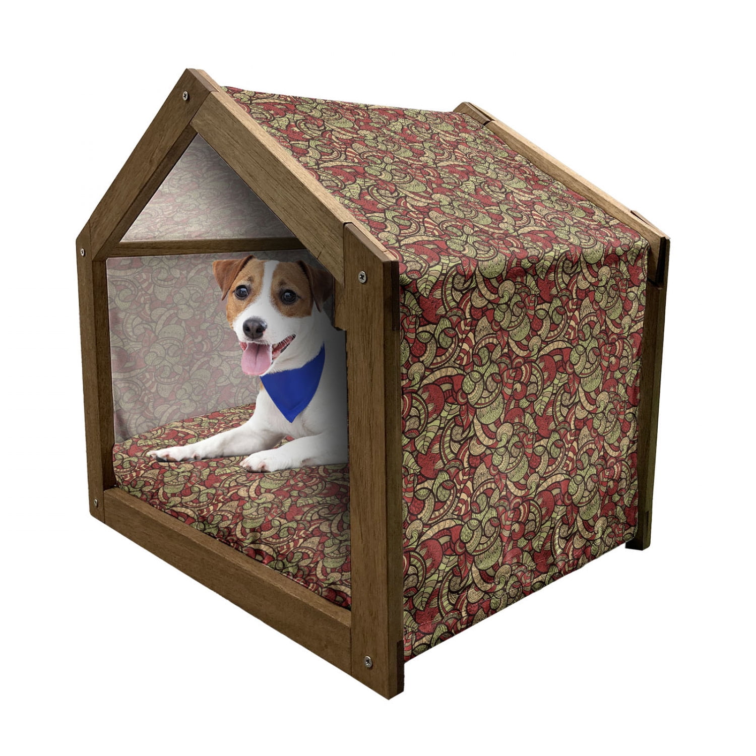 Floral Patterned Wooden Dog House with Canopy and Pillow