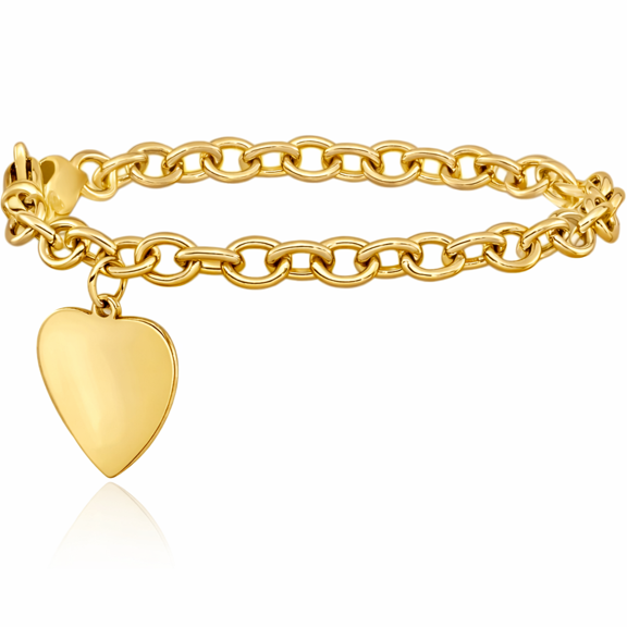 14K Solid Yellow Gold Link Heart Charm Bracelet