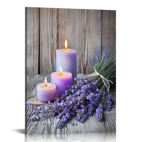 COMIO Lavender Bathroom Wall Decor Purple Flower Canvas Wall Art Rustic Floral and Candles Pictures Print Spa Bedroom Decor Frame