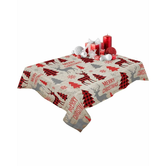 Rectangle Tablecloth 60 x 102 Inches Winter Reindeer Christmas Trees Vintage Waterproof & Stain Resistance Table Cloth Decorative Fabric Table Cover for Dinning/Party/Buffet/Banquet