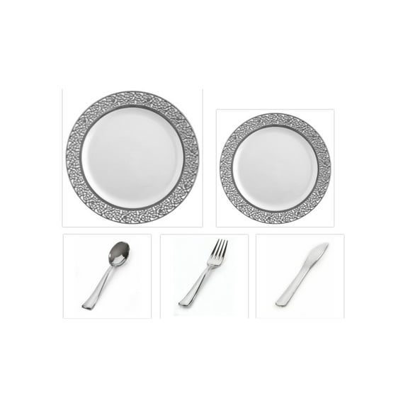 Inspiration White with Silver Lace Border 10" Dinner Plates   7" Salad Plates   Cutlery *Party for 120*