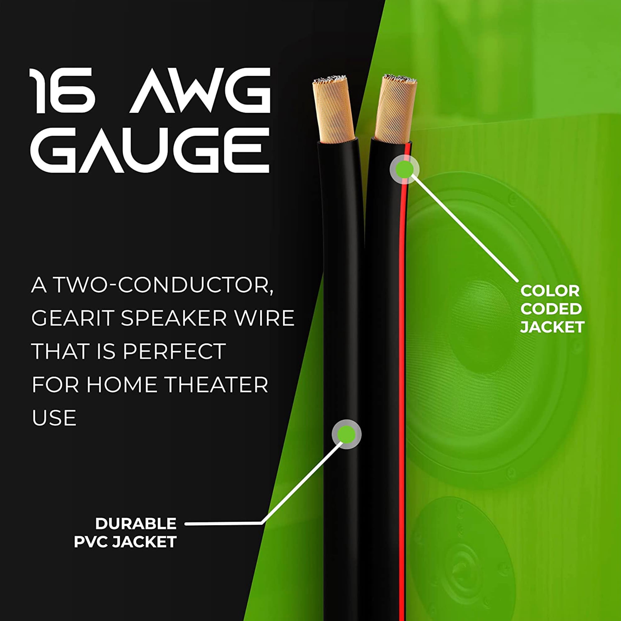 GearIT Pro Series Copper Clad Aluminum 16/2 16awg Home Theater & Car Audio Speaker Wire, 2 conductor Cable, Black 500ft