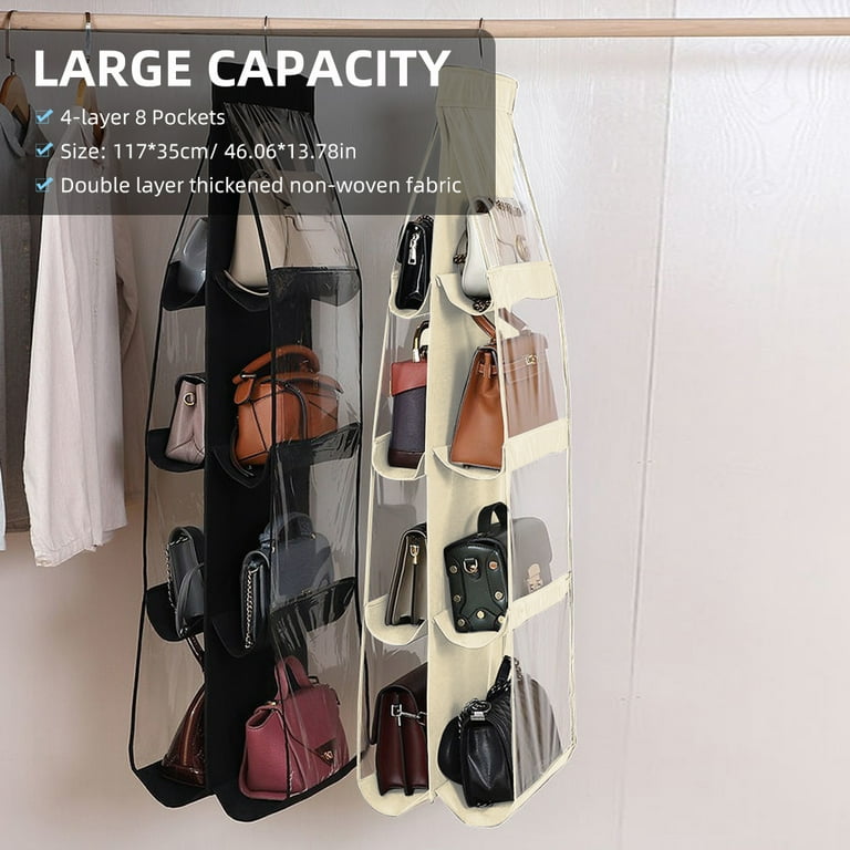 4-Layer Handbag Purse Dust-proof Organizer with 8 Pockets Metal Hook Bag Storage Bag for Wardrobe Closet Space Saving Beige, Size: 117