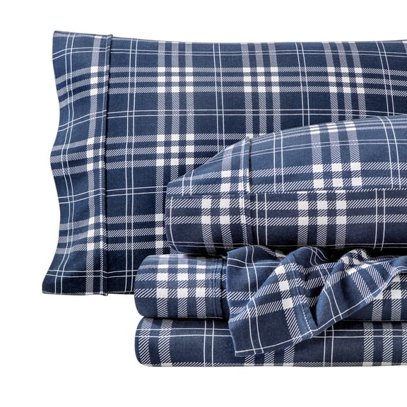 Bare Home Luxury 100% Cotton Flannel California King Sheet Set, Deep Pocket, 4-Piece, Stirling Plaid - Blue/White