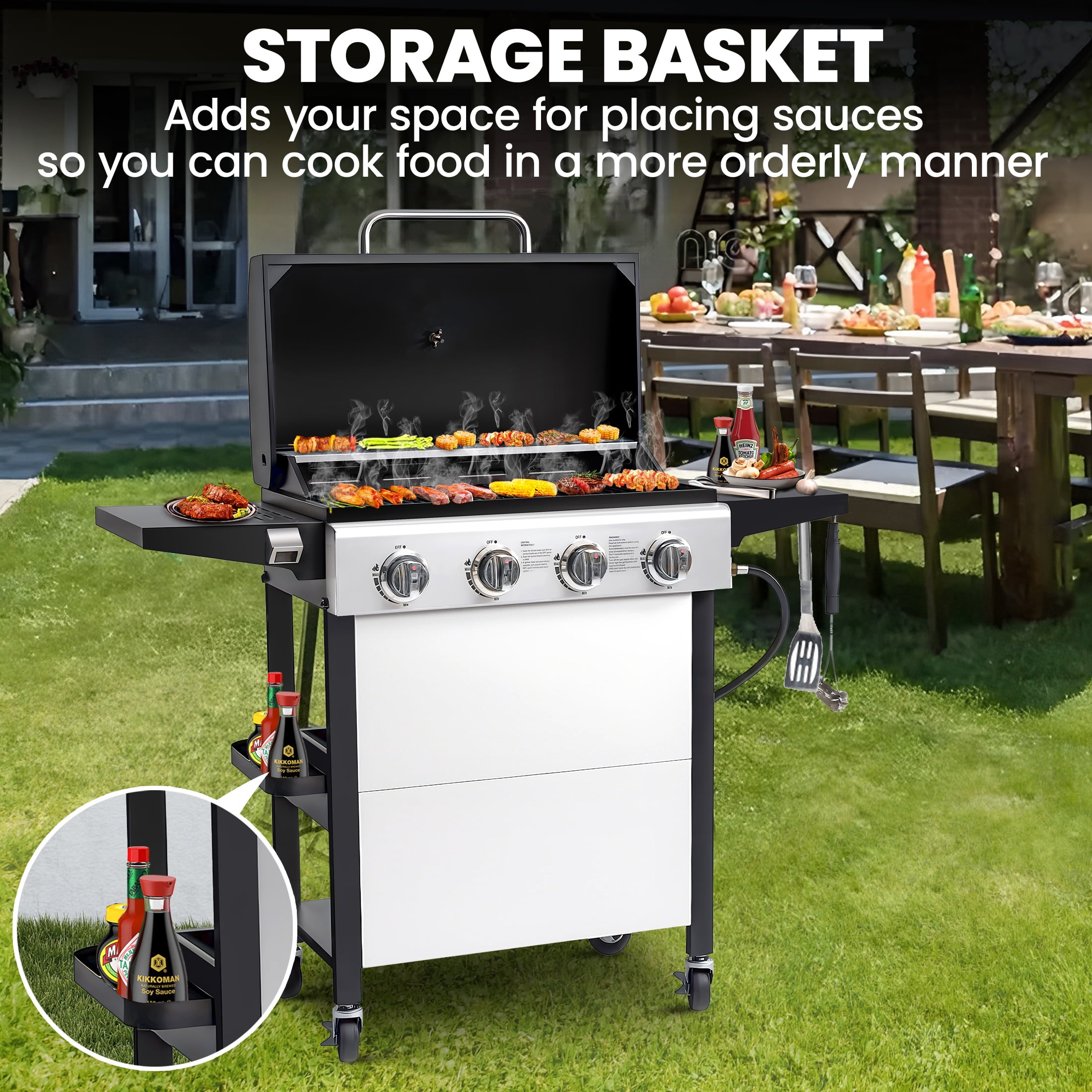 Segmart 4 Burner BBQ Propane Gas Grill, Stainless Steel 40,000 BTU Patio Garden Barbecue Grill with Folding Side Tables, Hanging Basket & Thermometer, Perfect for Camping, Outdoor Cooking