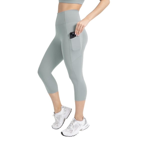 YITTY Active Women's UltraLuxe High-Waist Pocket Legging, Athleisure, 4-Way-Stretch, Sage Grey, L, Capri | 19" Inseam