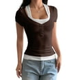 thumbnail image 3 of Women'S 2025 Spring Summer Short Sleeve Ribbed Henley Button Fake Two Pieces Casual T Shirts Blouse Coffee Color XL, 3 of 9