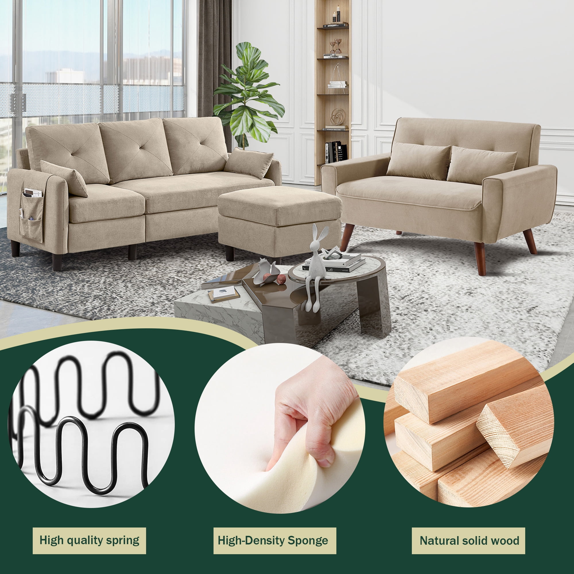 79" Convertible Sectional Sofa Set, Small L Shaped 3-Seat Couch with Reversible Chaise and Accent Chair, Modern Linen Sofas Couches for Living Room, Beige