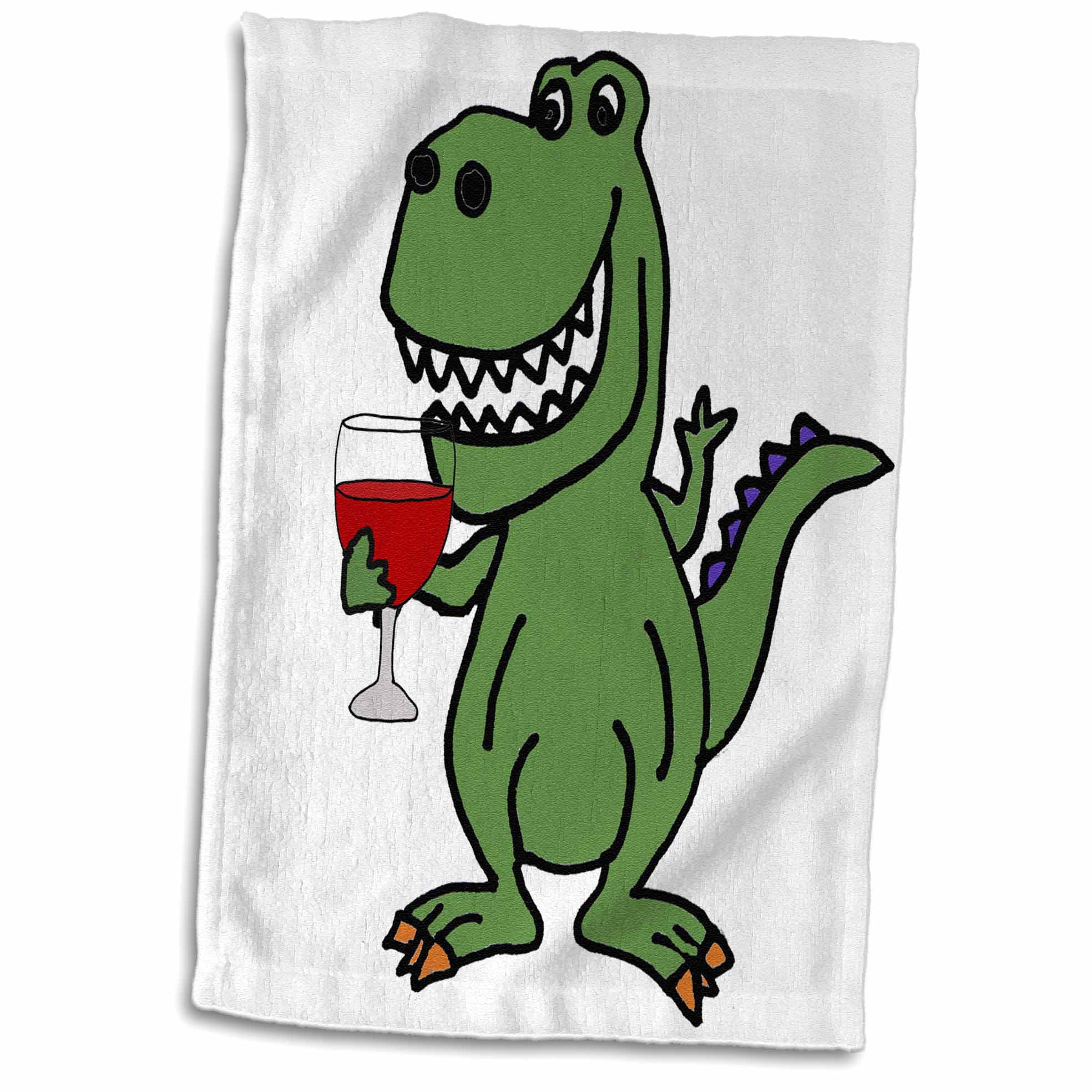 3dRose Cute Funny Green T-rex Dinosaur Drinking Wine Cartoon - Towel, 15 by  22-inch 