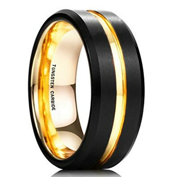 Wedding Rings Men or Women 8mm Black Yellow Gold Line Tungsten Wedding Band