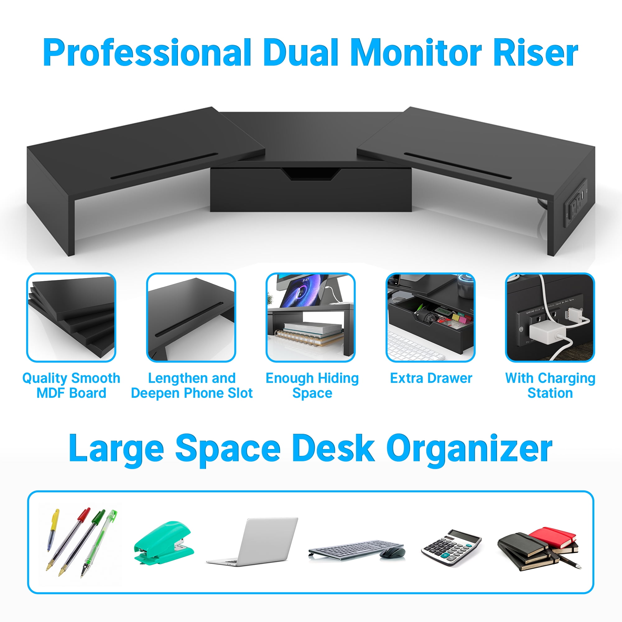 Yoneston Dual Monitor Stand Riser with Charger, Adjustable Length and Angle Desk Organizer with Drawer, Computer Monitor Stand with Phone Holder for PC, Laptop, Printer, Black