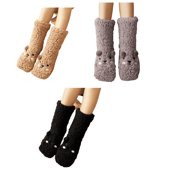 AUQ 3Pairs Socks Special Anti-Slip Treatment Fuzzy Socks,Warm&Comfortable Thoughtful Design Long Socks,Style1