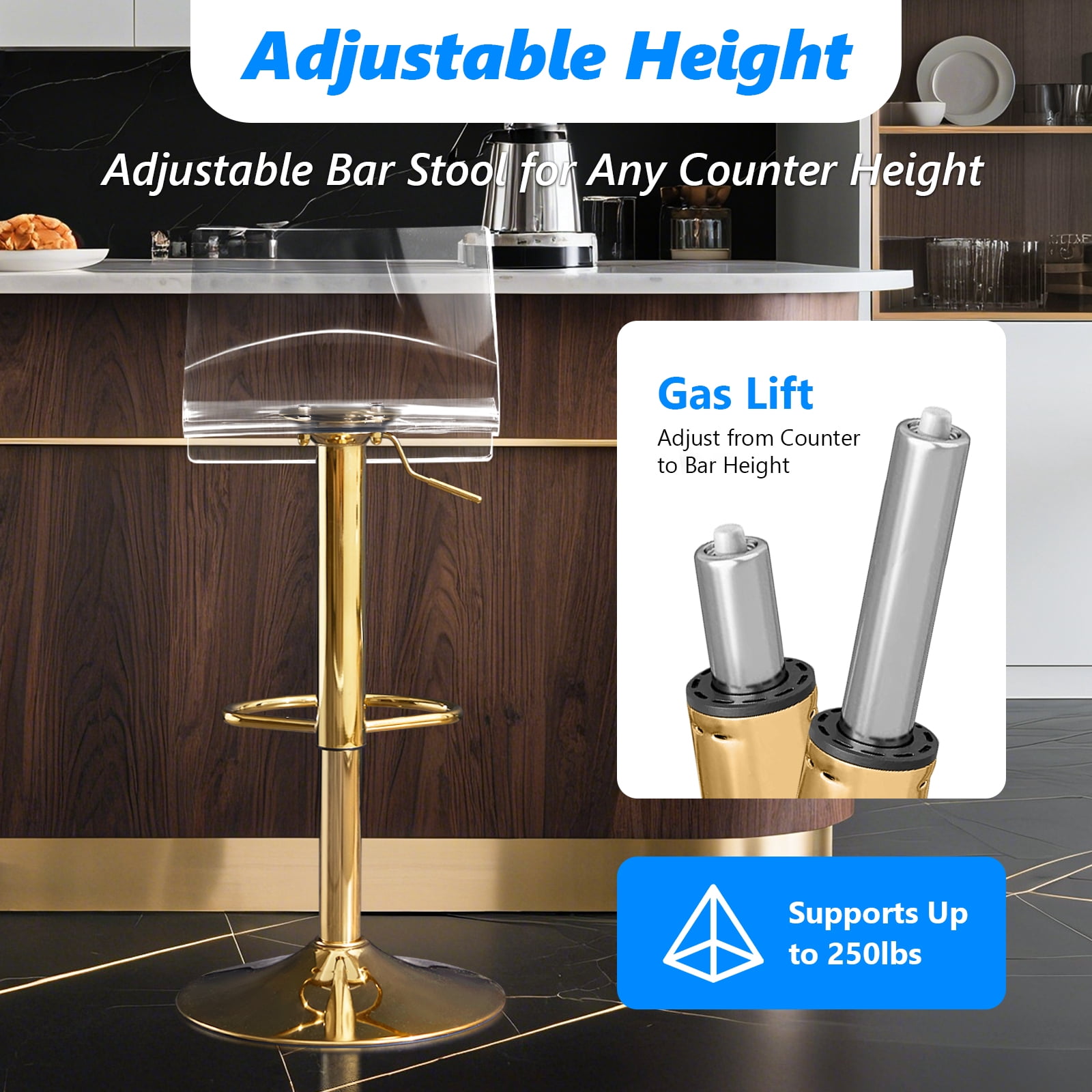 Clear Acrylic Bar Stools set of 3 , 360° Swivel Height Adjustable Bar Chairs with Backrest, Transparent Counter Height Stools with Gold Metal Base for Kitchen Island, Bar, Cafe ( Gold )