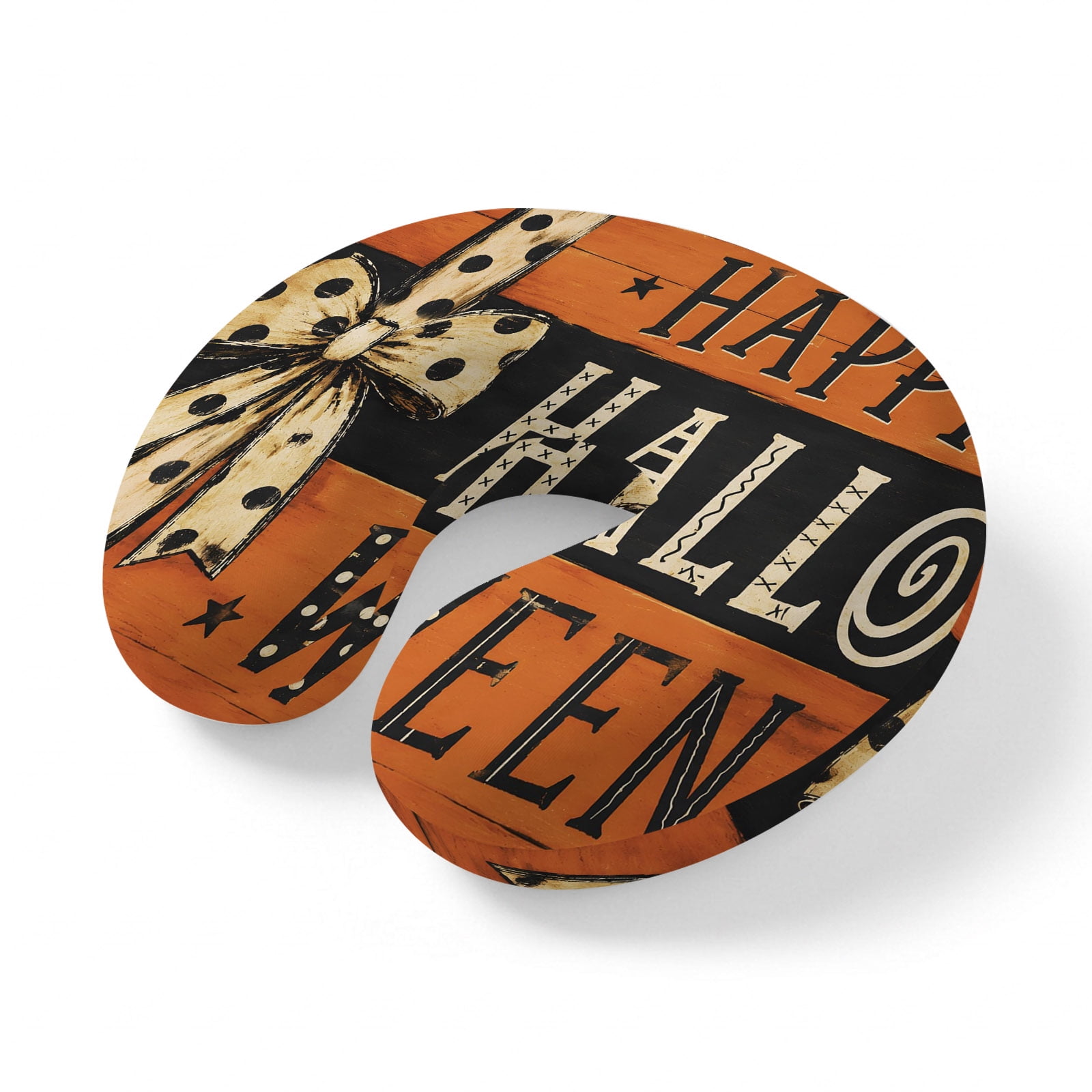 Neck Pillow for Travel Happy Halloween Words on Wood Memory Foam U Shaped Pillows Portable Headrest Black Brown Striped Neck Head Support Cushion for Home Office Car Airplane Sleeping