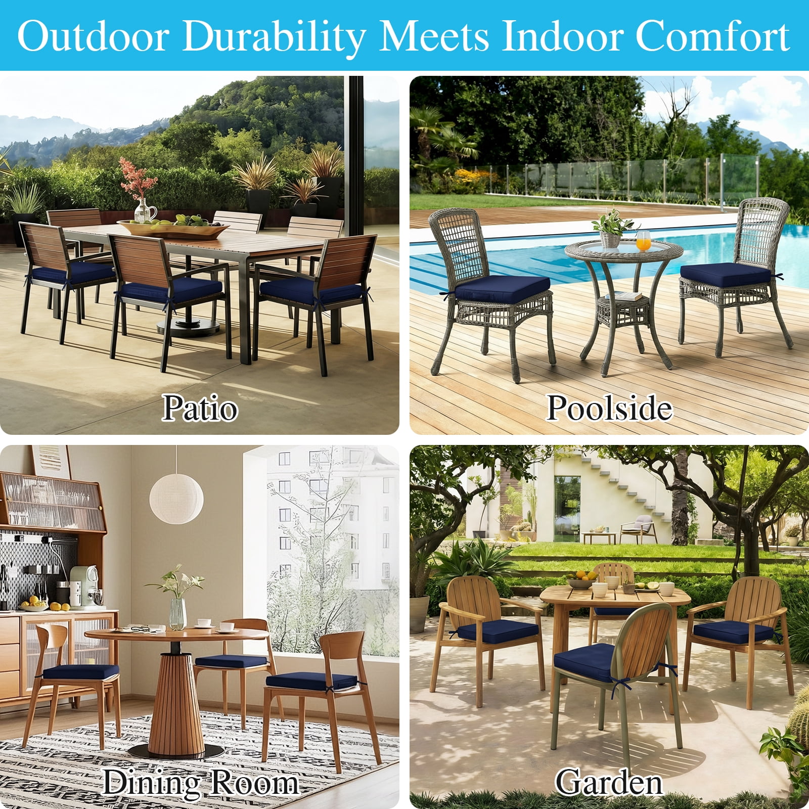 Jane Stone 2pcs Outdoor Seat Cushions with handle and Ties, 19" x 19" x 3" Water-resistant Outdoor Seat Pads Extra Thick Patio Chair Cushions for Patio Furniture - Navy Blue