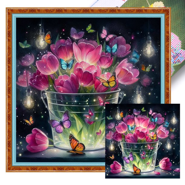 (14CTABB-1013__C__40X40) Hilo algodón ecológico bordado 14CT 2 hebras impresión 40*40cm kit serie flores punto cruz mariposa tulipán