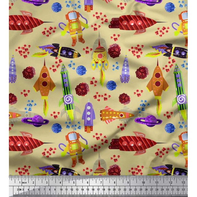 Soimoi Modal Satin Fabric Rocket,Planet & Astronaut Cartoon Print Sewing Fabric Yard 42 Inch Wide