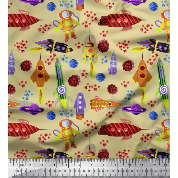 Soimoi Modal Satin Fabric Rocket,Planet & Astronaut Cartoon Print Sewing Fabric Yard 42 Inch Wide