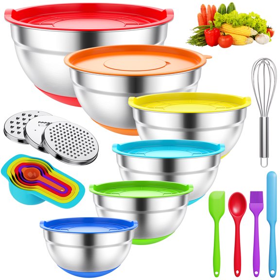 TINANA 26PCS Stainless Steel Mixing Bowls with Lids Set, Nesting Mixing Bowl Set with Non-Slip Bottom Tools Gadgets, 7/4/3.5/2.5/2/1.5QT Metal Salad Bowls for Serving Prepping Baking, Multicolor