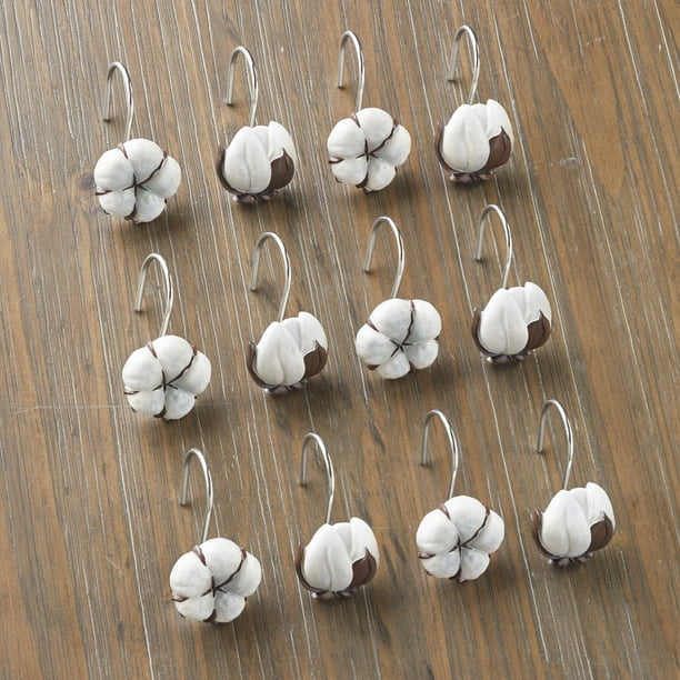 Cotton Boll Shower Curtain Hooks with Rustic, Floral Design Set of 12