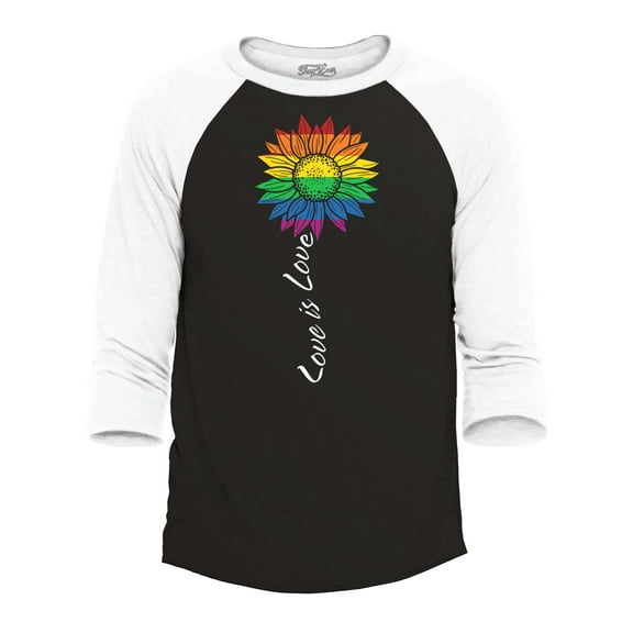 Shop4Ever Men's Love is Love Rainbow Flower Gay LGBTQ Pride Raglan Baseball Shirt Small Black/White