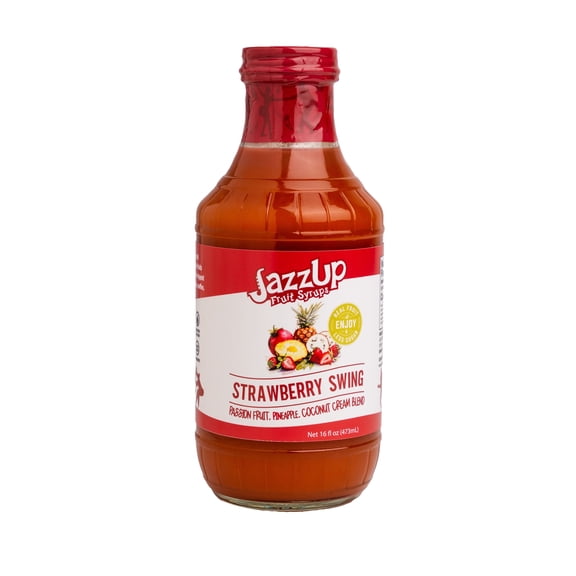 JazzUp Strawberry Syrup, Fruit Pancake Syrup,  Drink Mixer, (Contains: Strawberry, Passionfruit, Pineapple, Coconut), 16 fl oz