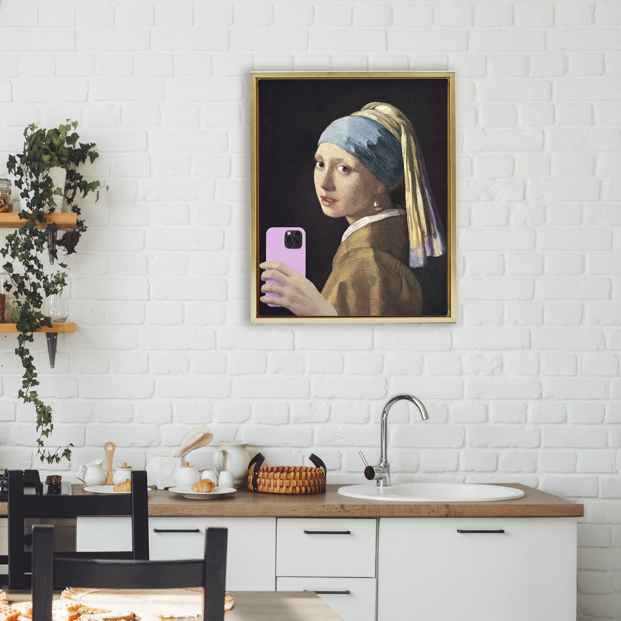 Girl With Pink Phone Funny Gold Framed Floater Canvas Wall Art, design by Masters Redux