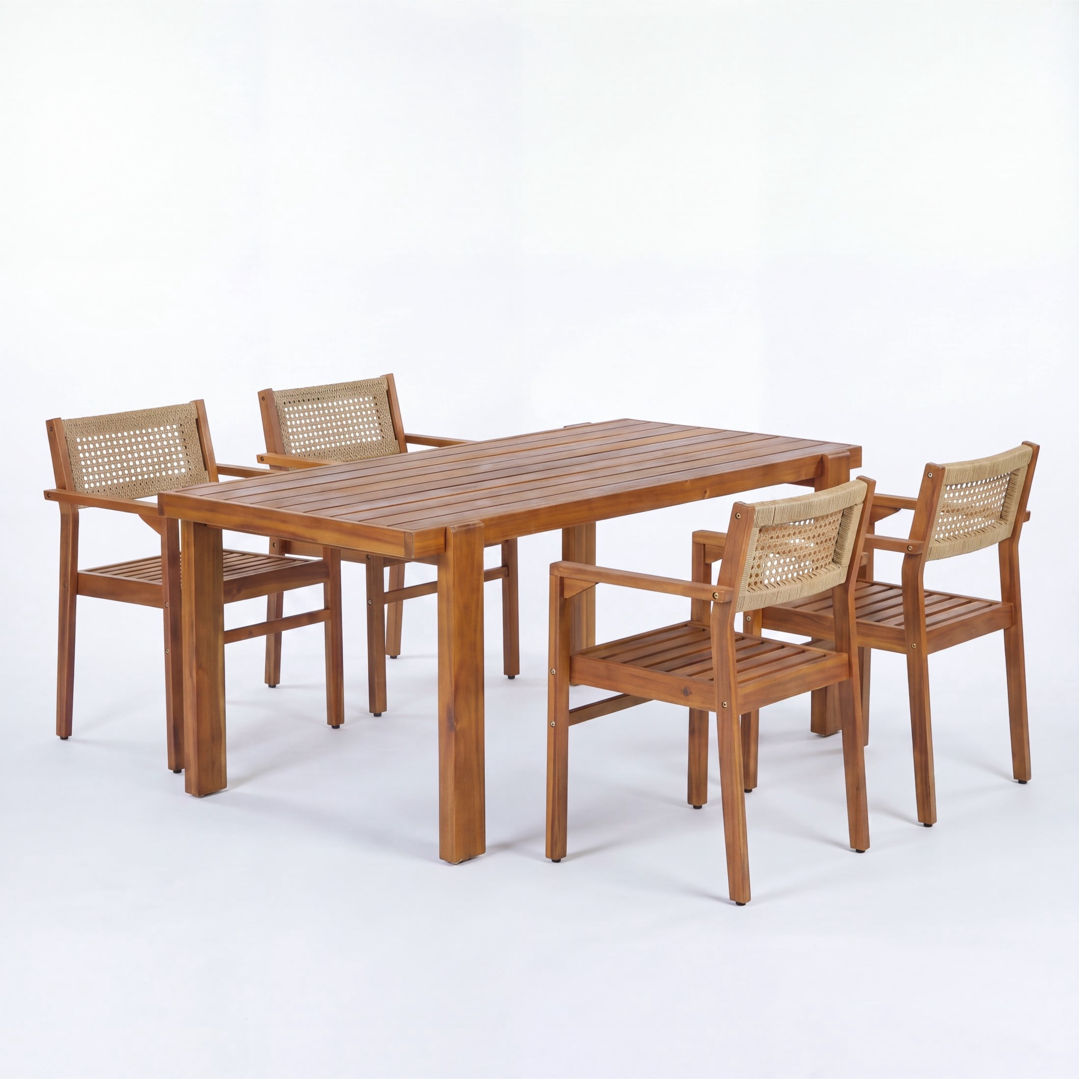 Christopher Knight Home 5-Piece Outdoor Dining Set, 67" Wood Table and Wicker Back Chairs, Teak
