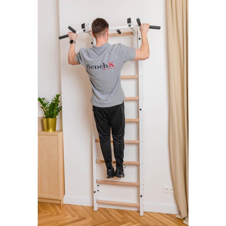 BenchK 731 White Wallbars for Physical Therapy and Rehabilitation with convertible steel 6 grip pull up bar that can also be used as a barbell holder