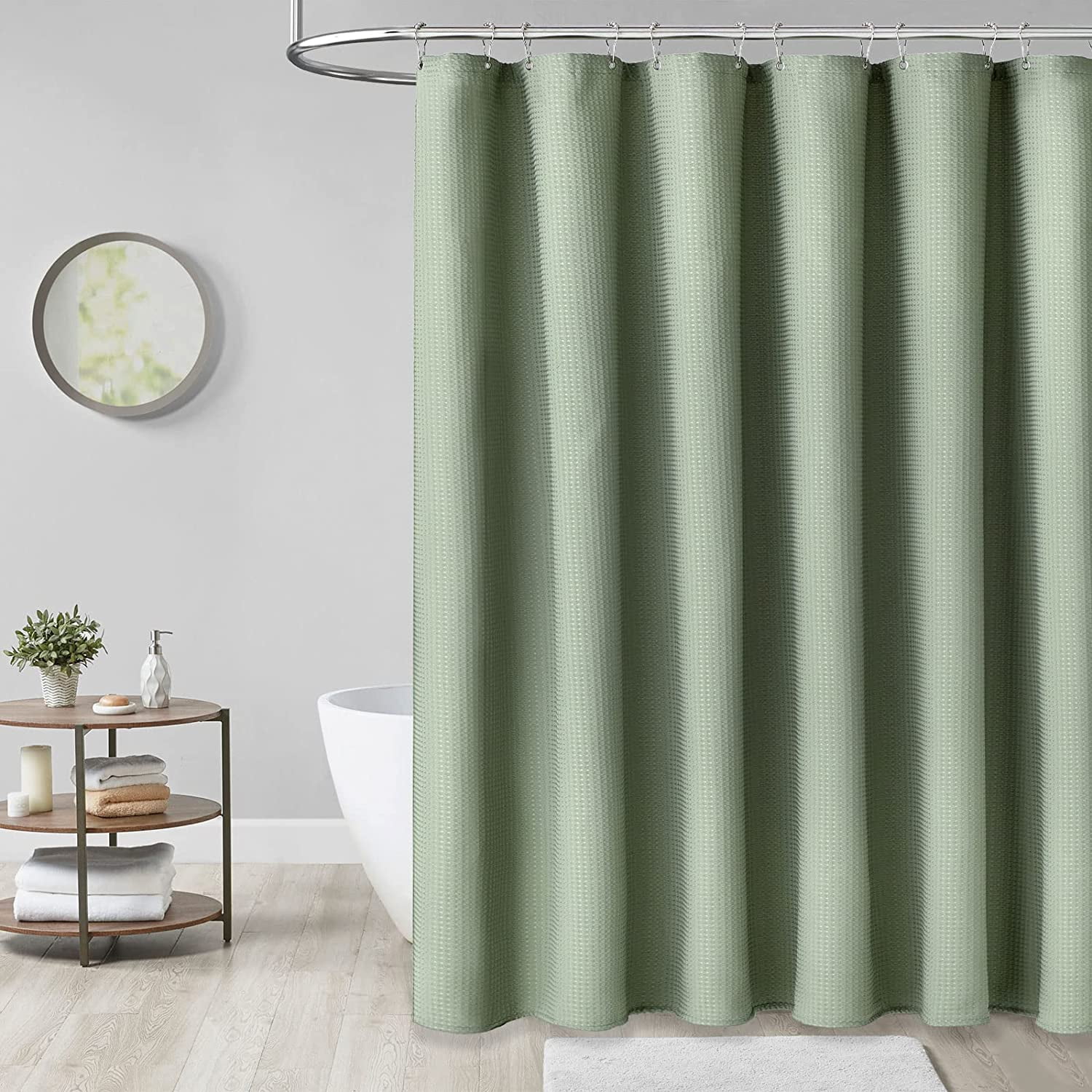 Extra Wide Shower Curtain - 84 Inch Wide Waffle Weave Weighted Thick Cloth Bathroom Shower Curtain, Neutral Heavy Duty Hotel Bath Curtain Set with 14 Plastic Hooks, 84x72, Sage Green
