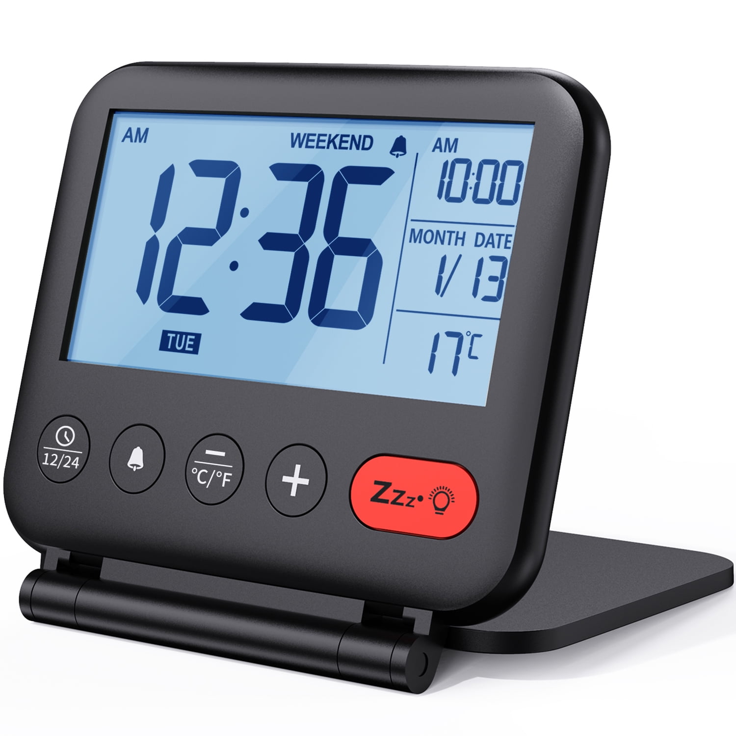 Digital Travel Alarm Clock – Mini Portable LCD Display Clock with Backlight Calendar Temperature Snooze 12/24H Makeup Mirror, Small Folding Battery Operated Desk Clock for Kid Bedroom (Black)