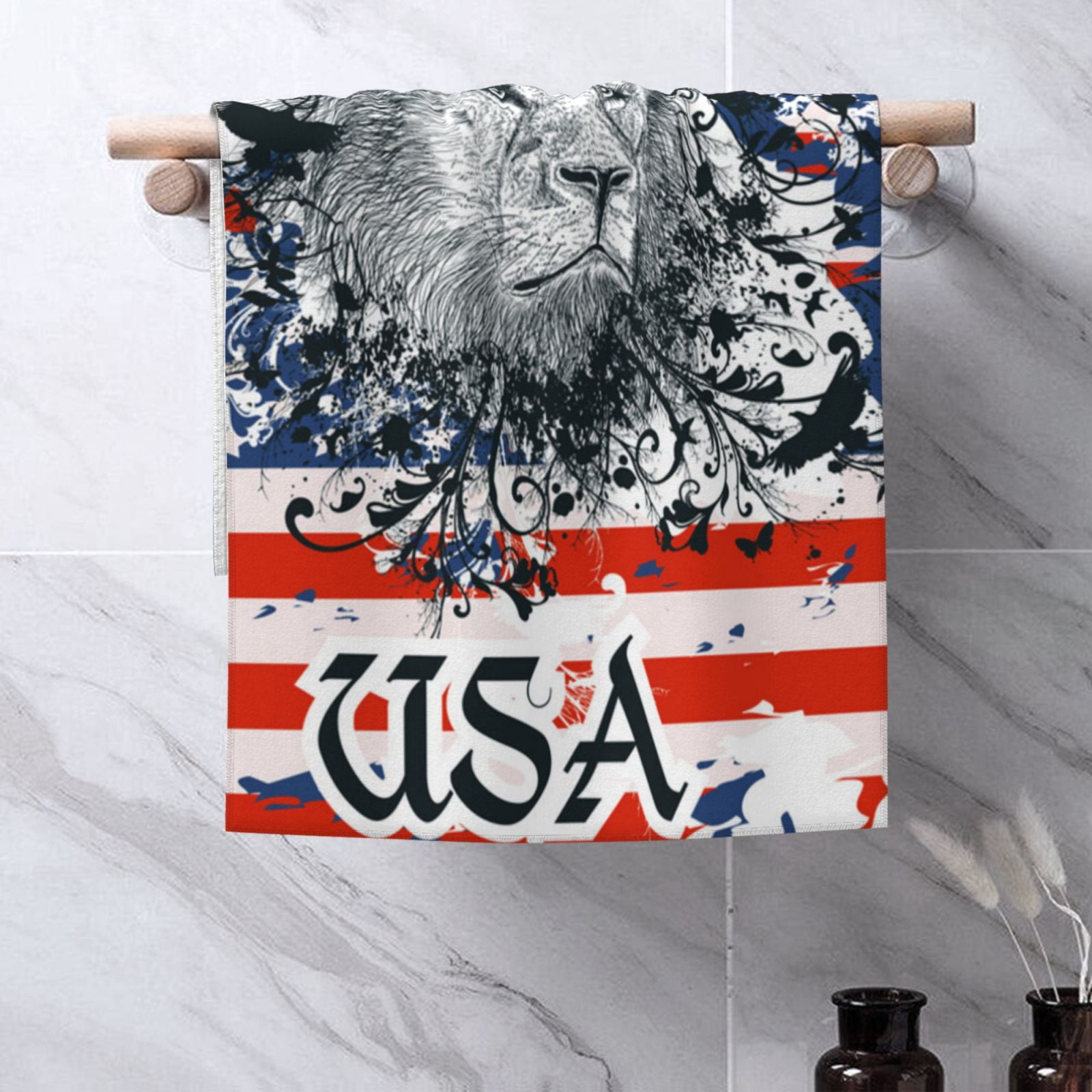 Lion USA Flag 27.5" x 16" Ultra Soft Hand Towel, Face Wash Cloth for Bathroom, Gym, Travel, Pool