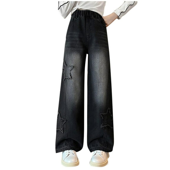 LLYWEY Jeans Pants for Teen Girls Ripped Elastic Waist Denim Pants with Pockets Girls High Rise Wide Leg Jeans for School Wear