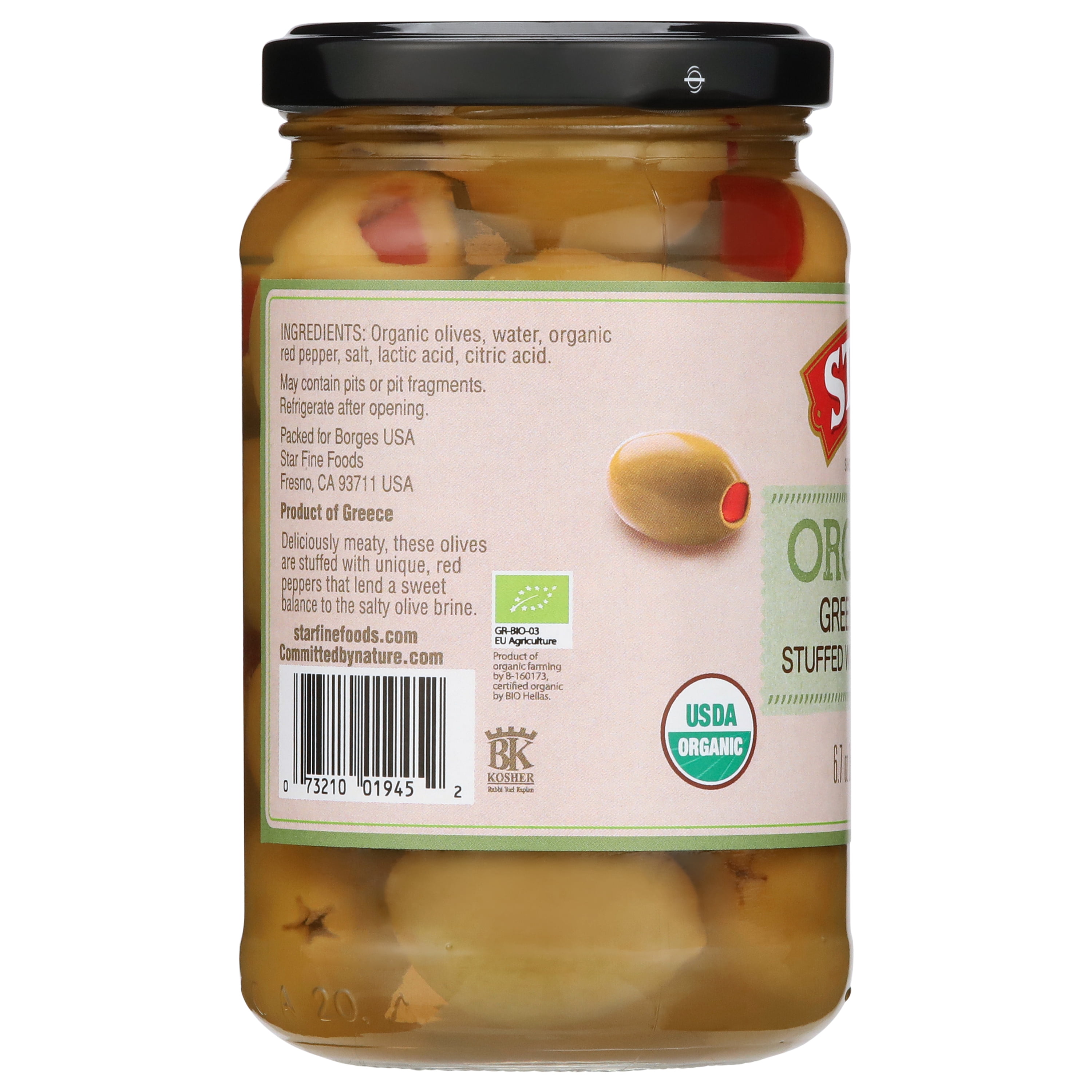 STAR Queen Organic Green Olives with Pimento, 6.7oz Glass Jar - Kosher & USDA Organic