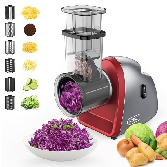 NZINZI 250W Electric Cheese Grater Salad Shooter Vegetable Maker Slicer with 6 Versatile Blades