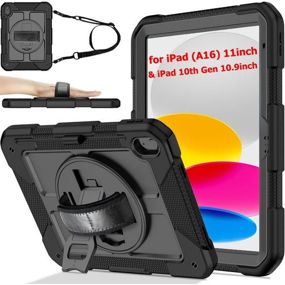 AVAWO 360° Rotating Case for iPad (A16) 11th Generation 11 Inch 2025 & iPad 10th Generation 10.9" 2022, Shockproof Rugged Protective Cover with Shoulder Strap/Hand Strap, Black