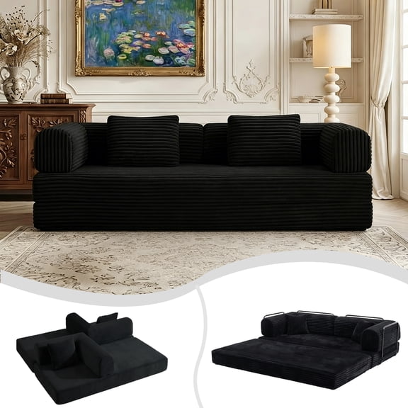 Eyisean 74" Convertible Sleeper Sofa Bed, 5-in-1 Floor Sofa with Removable Armrests, Corduroy Fabric Boneless Couch, No Assembly, for Living Room, Dorm, Studio