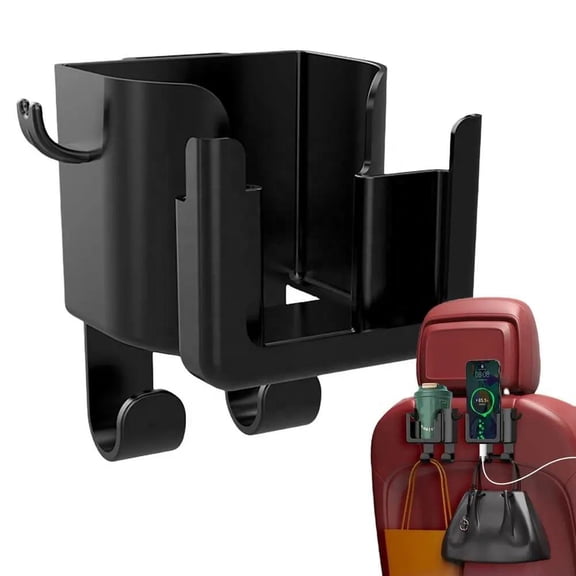 Car Seat Back Organizer with Cup Holder & Phone Mount – Multi-Function Beverage Rack with Utility Hook, Universal Vehicle Water Cup Holder
