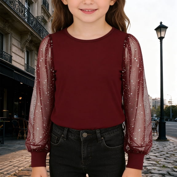 AWZXDE Girls' Party Sequin Glitter Top Shimmering Sheer Mesh Long Sleeve Tunic Holiday Celebration Crewneck Blouse Red,11-12 Years