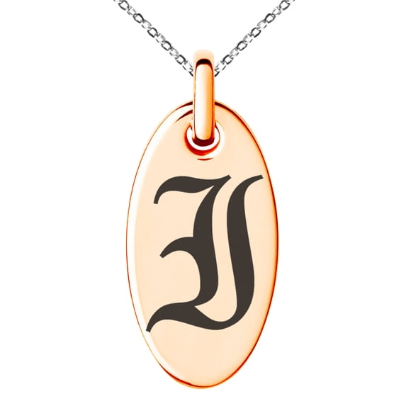 Stainless Steel Letter I Initial Old English Monogram Engraved Small Oval Charm Pendant Necklace