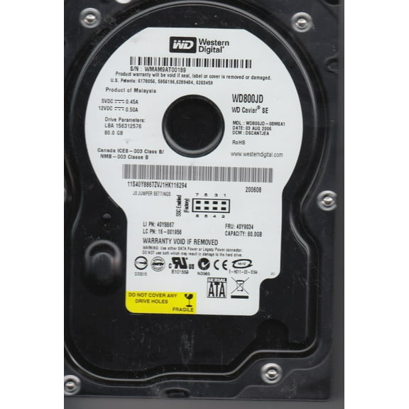 WD800JD-08MSA1, DCM DSCANTJEA, Western Digital 80GB SATA 3.5 Hard Drive